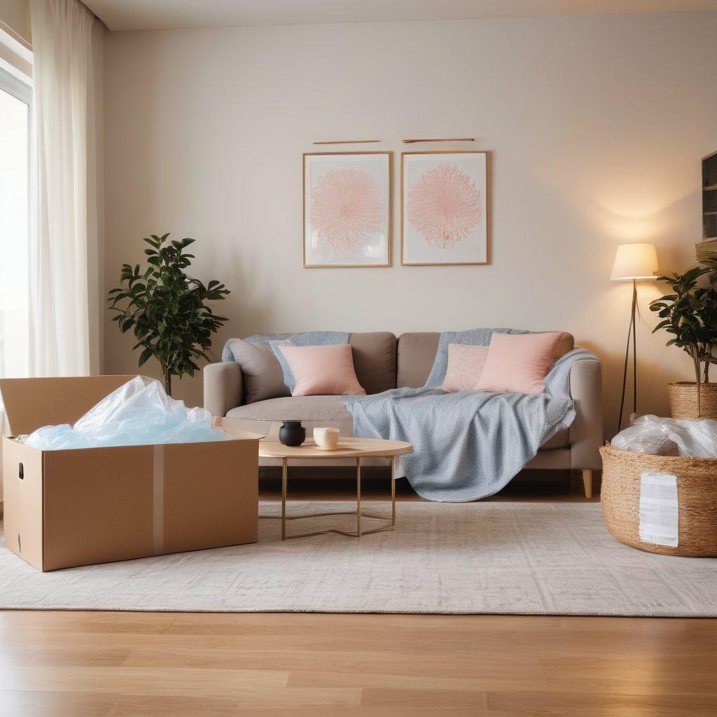 A cozy living room scene depicting both homeowners and renters insurance themes, featuring a family unpacking in a modern apartment with protective gear around valuable furnishings. Include symbols of insurance like a shield and policy papers subtly in the background. The ambiance should feel safe and welcoming, showcasing warmth and protection. soft lighting, pastel colors, minimalistic design.