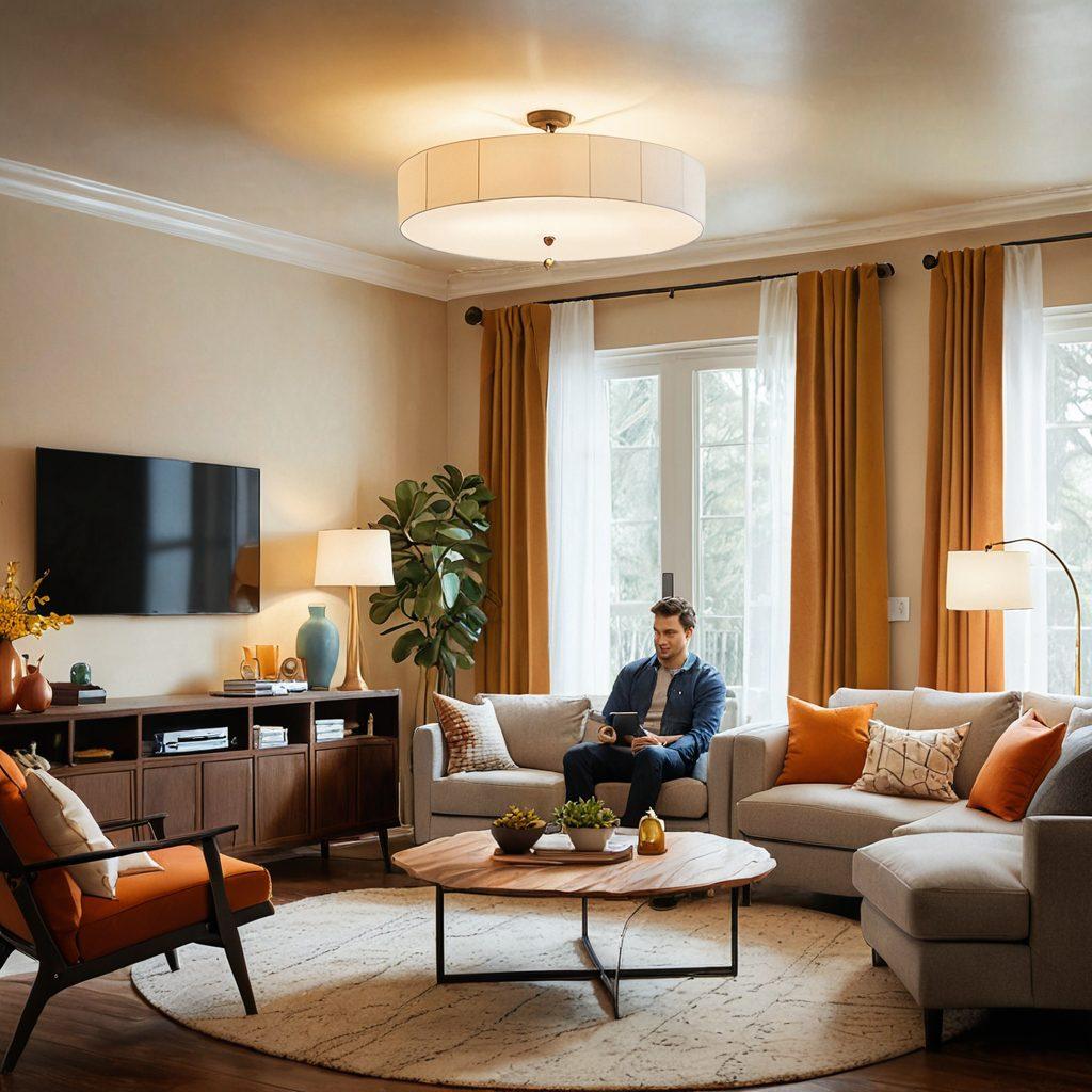 A cozy living room setting showcasing a family confidently enjoying their time together, surrounded by valuable personal items like electronics, art, and furniture, all highlighted with a protective shield or umbrella symbolizing insurance. Soft lighting accentuates the warmth of the home while illustrating the security provided by asset and contents insurance. Include a subtle overlay of key benefits like 'coverage', 'peace of mind', and 'protection'. super-realistic. warm colors. inviting atmosphere.