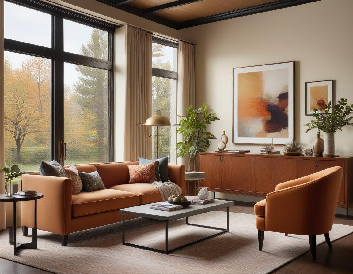 A cozy and stylish living room featuring various types of decorative furniture and beautiful interior design elements. Overlaying the room are symbolic icons representing different insurance options, like a shield, a home, and documents, gently blending with the decor. Soft natural lighting highlights the comfort of the space, inviting viewers to feel safe and protected. The atmosphere conveys an essential balance between aesthetics and security. super-realistic. vibrant colors.